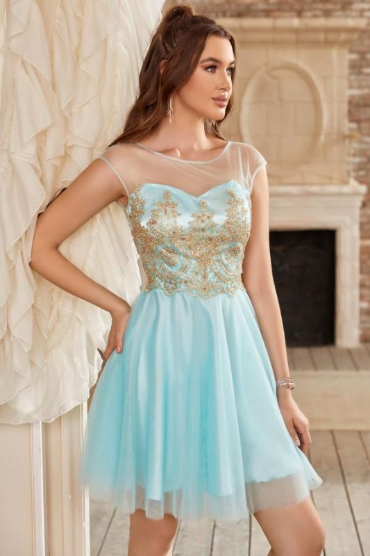 Cute Scoop Neck Tulle Short Homecoming Dress Cap Sleeves Gold Appliques Knee Length Prom Dress