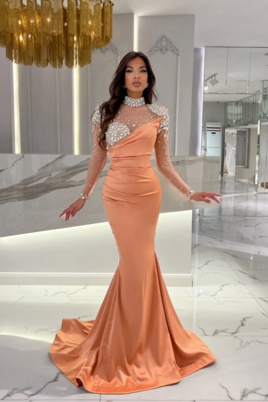 Elegantes vestidos de noche de lentejuelas brillantes con cuello alto de satén fruncido de color naranja y mangas largas