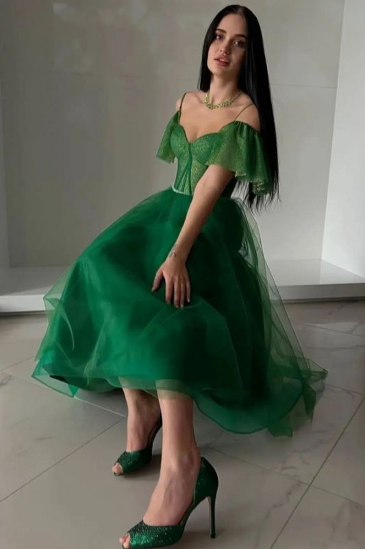 Vestido formal Aline con hombros descubiertos y brillo hasta el tobillo Vestido de fiesta sencillo de tul verde oscuro