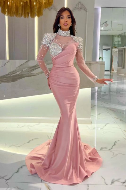 Glitter Sequins Dusty Pink Ruffle Satin Mermaid Prom Dress with Sleeves