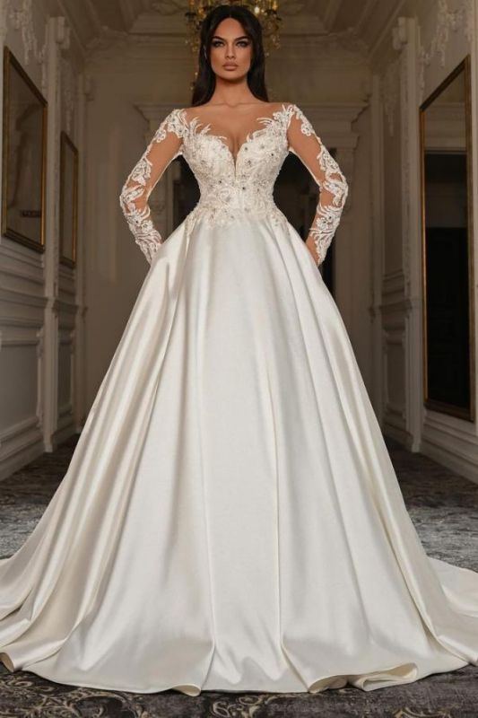 Elegant Satin Aline Wedding Dress with Long Sleeves Floral Lace Princess Bridal Dress