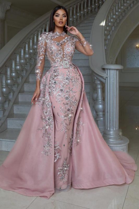 Luxury Shiny Floral Lace Mermaid Prom Dress with Long Sleeves