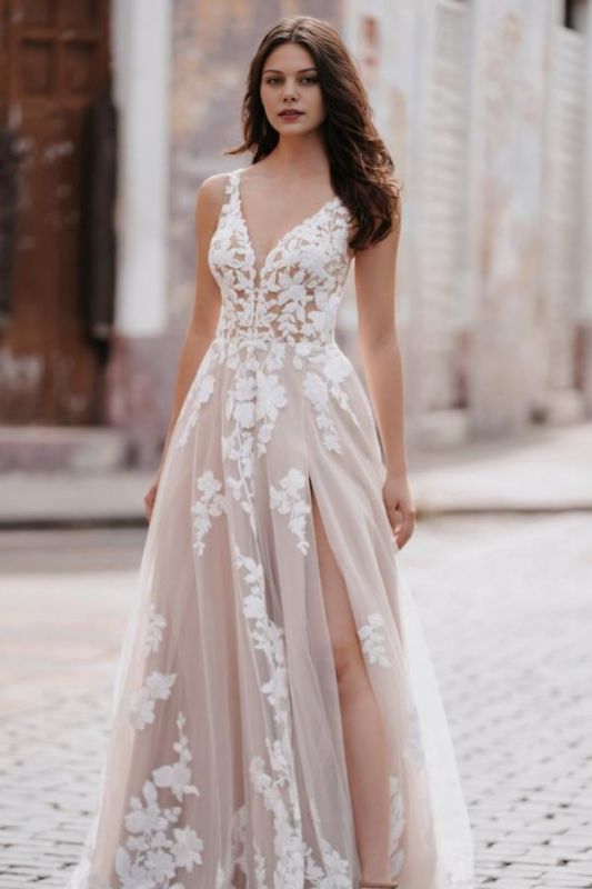 Robe de mariée Aline en tulle sans manches modeste et simple, fendue sur le devant