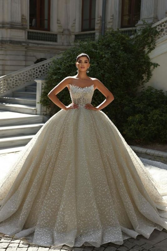 Superbe robe de mariée à paillettes scintillantes sans bretelles Aline