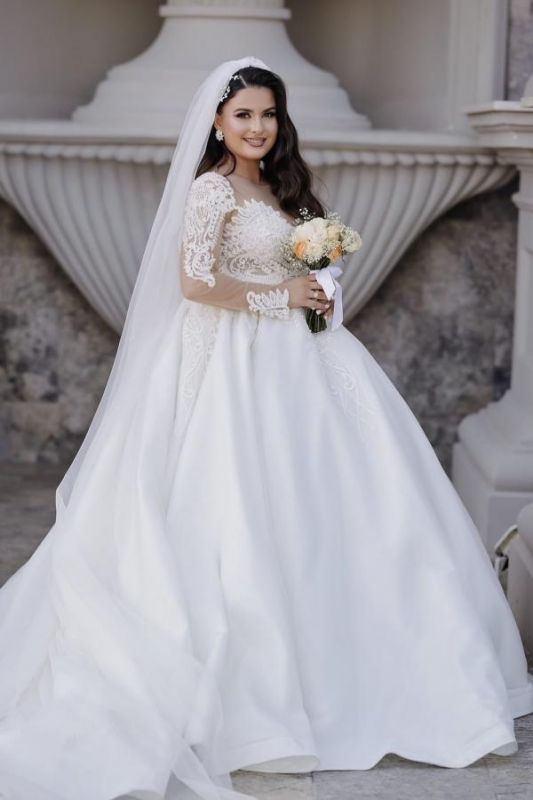 Superbes robes de mariée Aline en dentelle florale à manches longues, robe de bal, col rond, robe de mariée en tulle