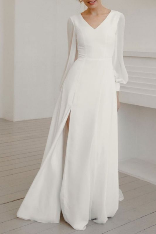 White Simple Wedding Dress With Train A Line V Neck Long Sleeves Split Front Chiffon Bridal Gowns