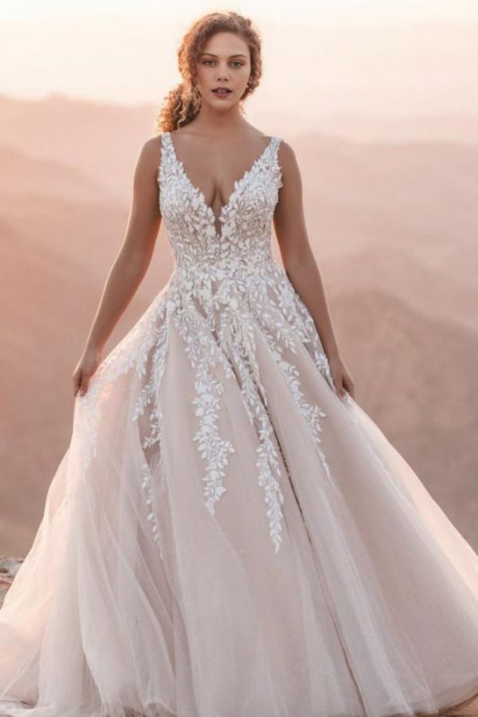 Elegant V-Neck Aline Wedding Dresses Sleevless Tulle Lace Appliques Bridal Dress