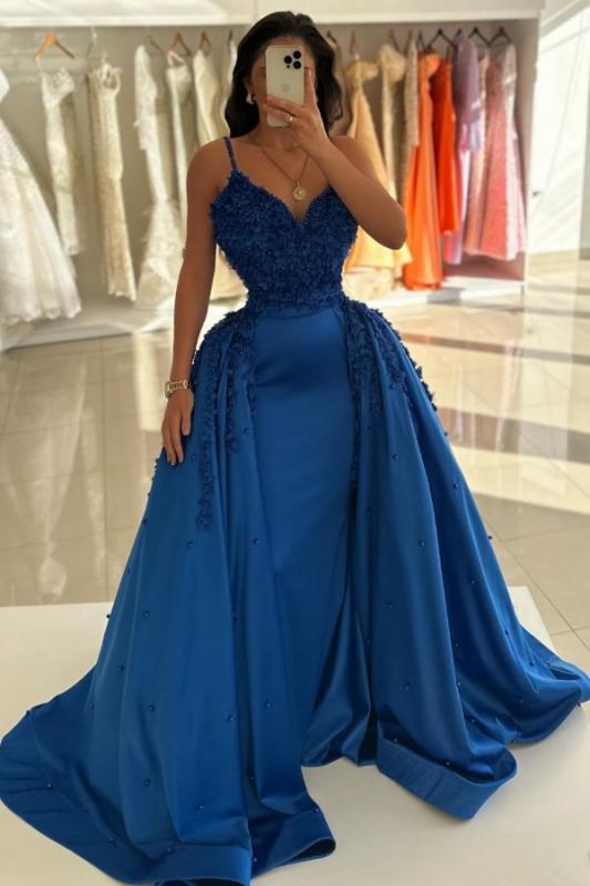 Stunning Royal Blue Satin Evening Dresses with Lace Appliques Detachable Train Party Dress