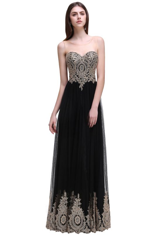 Robes de bal longues en tulle noir avec appliques