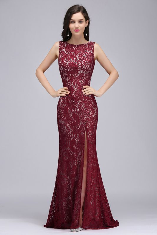 DULCE | Mermaid Crew Floor-length Sleeveless Burgundy Lace Prom Dresses