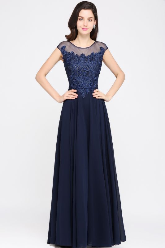 AVALYN | A-line Scoop Navy Chiffon Prom Dress With Appliques