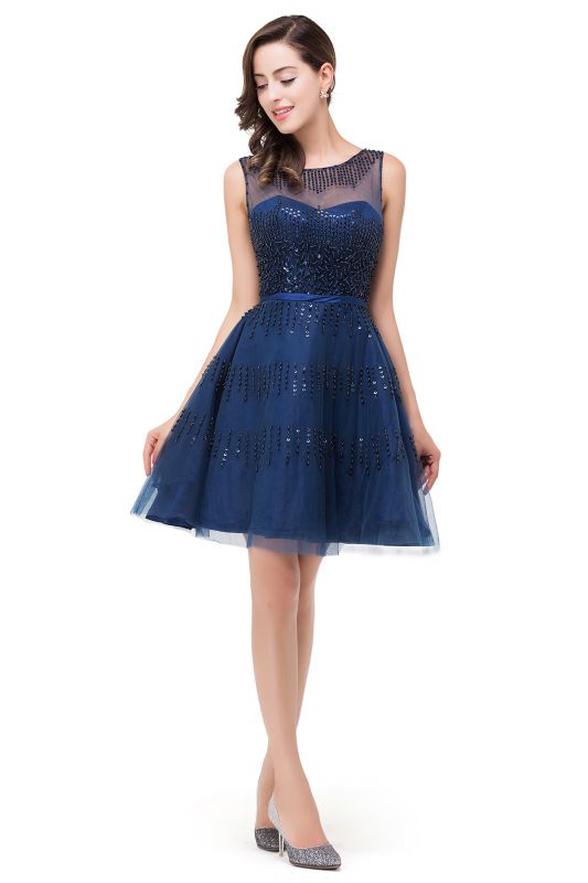 FATIMA | A-Line Sleeveless Crew Tulle Appliques Short Prom Dresses