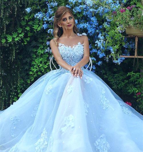 Delicate Blue Lace Appliques A-line Open Back Prom Dress ...