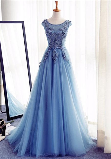 Elegant Illusion Sleeveless Lace Appliques Custom Made A-line Lace-up Prom Dresses