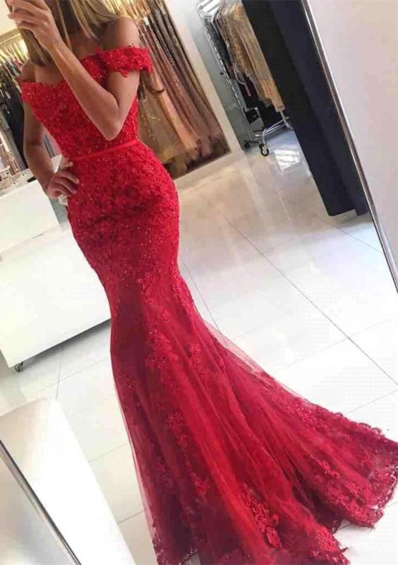 Robe de soirée glamour sirène rouge avec appliques en dentelle à épaules dénudées