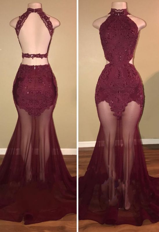 Sirène Dentelle Appliques Sheer-Tulle Bordeaux Col Haut Longues Robes De Bal Pas Cher BA7713