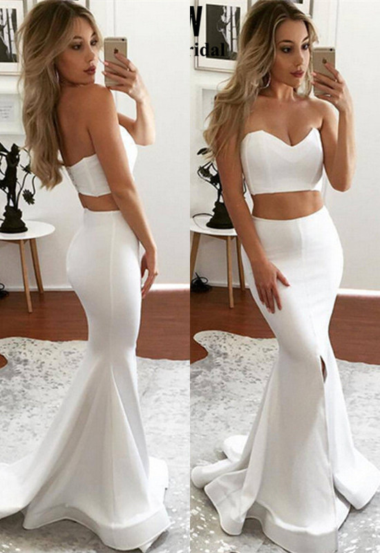 Sweetheart White Two-Piece Front-Split Mermaid Sleeveless Sexy Prom Dress