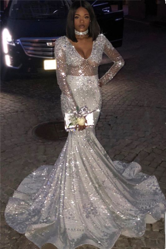 Unique V-Neck Long Sleeves Sequins Sexy Mermaid Floor-Length Prom Dresses