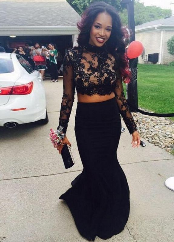 Two Piece Prom Dresses Black High Neck Long Sleeves Lace Top