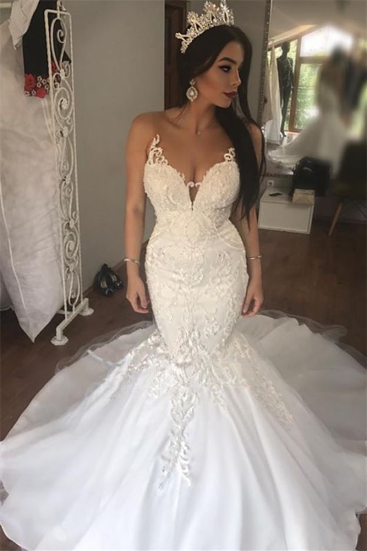 Dentelle sans manches sirène magnifique boutons longs robes de mariée pas cher