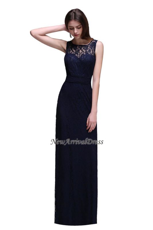 Dark-Navy Floor-Length Lace Sleeveless Sheath Evening Gowns