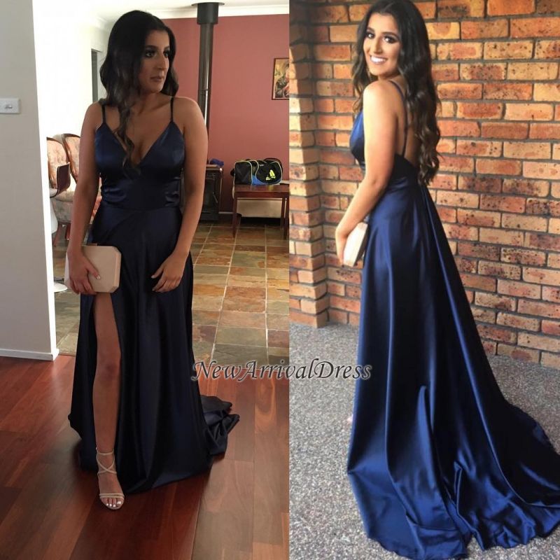 Navy-Blue Newest Sleeveless Open-Back Side-Slit V-Neck Prom Dress BA6338