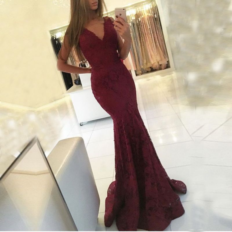 Mermaid Lace Sweep-Train Newest V-neck Sleeveless Prom Dress ...