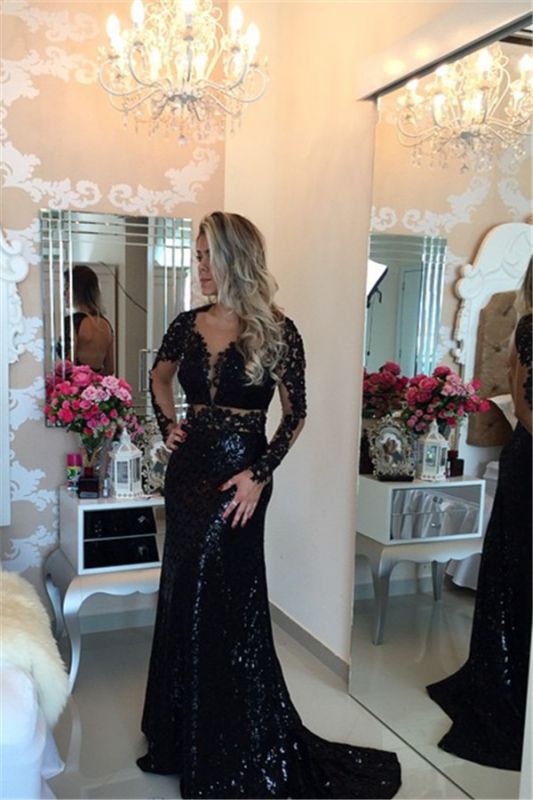 Black Long Sleeves Sequined Prom DressesLace Appliques Evening Gowns BT00