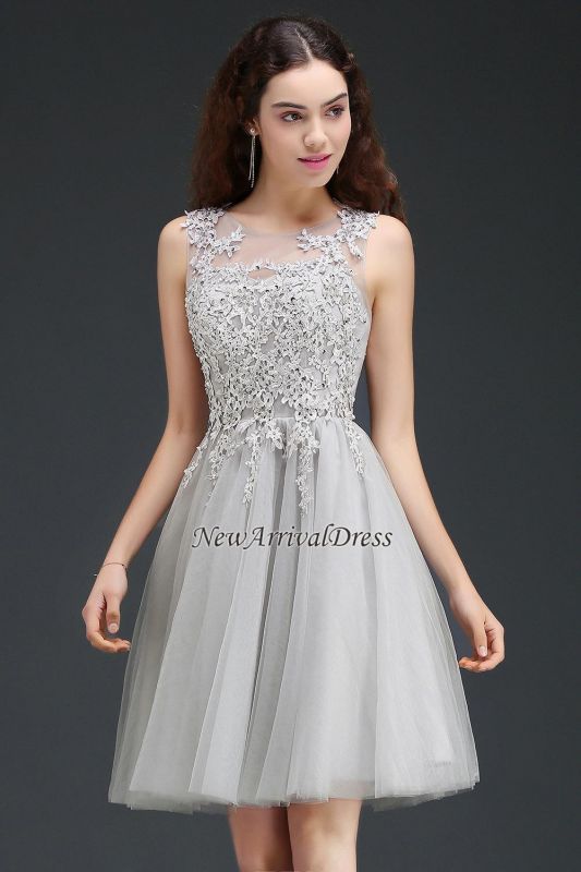 Silver Short Appliques Sleeveless A-Line Tulle Homecoming Dress