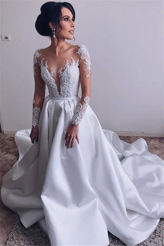 Robes de mariée en satin élégantes à manches longues | Robes De Mariée Pas Cher 2021 Dentelle A-line