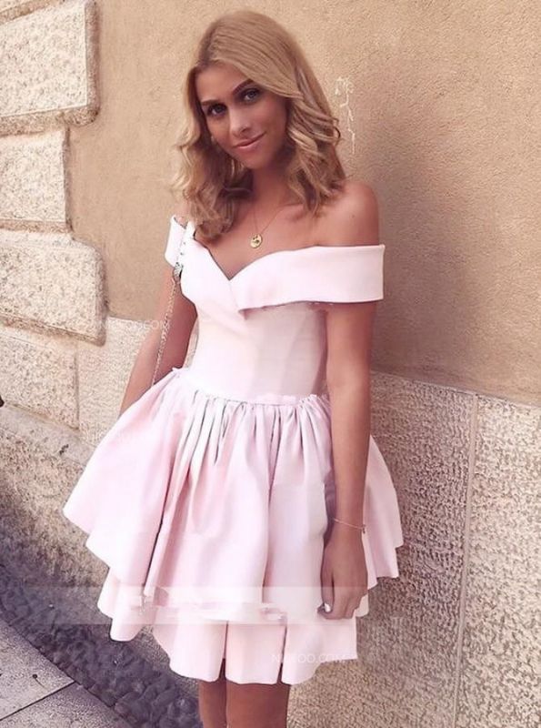 Newest Pink Off-the-shoulder Short Homecoming Dress | A-line Party Gown