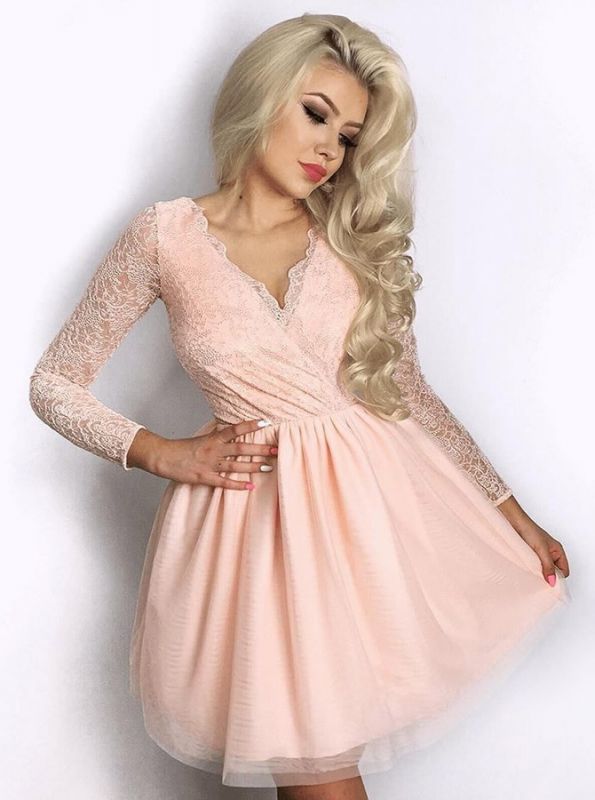 Newest Long Sleeve A-line V-neck Lace Short Homecoming Dress