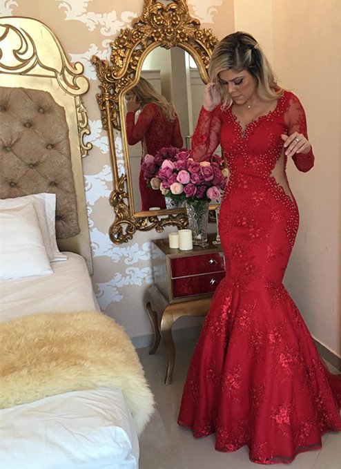 Elegant Long Sleeve Red Evening Dress Lace Beads Mermaid Party Dress