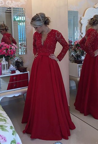 Red Lace Chiffon Prom Dress