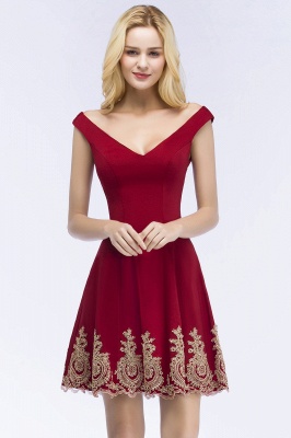 ROSE | A-line V-neck Short Off-shoulder Appliques Burgundy Homecoming Dresses_1