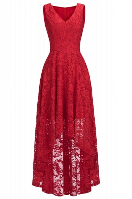 A-line Hi-lo Sleeveless Burgundy Lace Dresses V-neck Simple Formal Dress_24