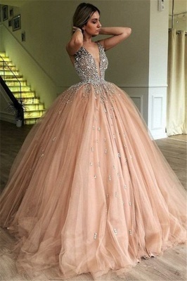 New Arrival V-Neck Straps Sleeveless Rhinestones Tulle Ball Gown Prom Dresses_1