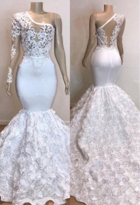 Eine Schulter Spitze Appliques Meramid Prom Dresses mit Ärmel_2