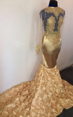 Champagne Mermaid Long Sleeve Flowers Appliques Long Prom Dresses_1