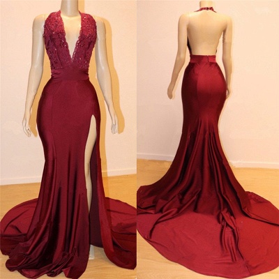 Open Back Burgundy Long Prom Dresses  with Slit | V-neck Halter Affordable Evening Gowns with Court Train_2