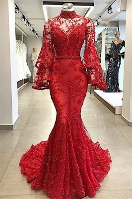 Wunderschöne rote Stehkragen schiere Tüll mit langen Ärmeln Sicke Mermaid Prom Dresses_1