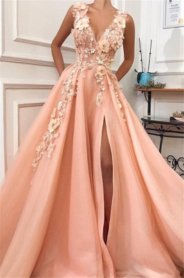 Chic Appliques Straps V-Neck Flower  Prom Dress_1