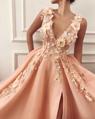 Chic Appliques Straps V-Neck Flower  Prom Dress_2