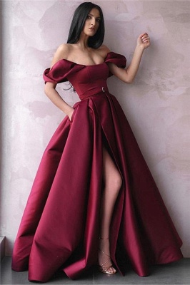 Burgundy Off-The-Shoulder Side-Slit Princess  Prom Dress_1