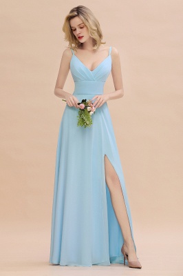 Stylish Spaghetti-Straps Sky Blue Slit Long Ruffle Chiffon Bridesmaid Dresses