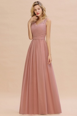 Dusty Pink Chiffon Floral Lace Bridesmaid Dress V-Neck Sleeveless Evening Dress Floor Length_1