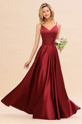 Burgundy Satin Long Bridesmaid Dress Simple V-Neck Evening Dresses_1