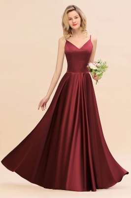 Burgundy Satin Long Bridesmaid Dress Simple V-Neck Evening Dresses_5