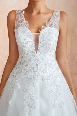 Vestido de novia de encaje floral blanco con cuello en VVestido de novia Aline de tul_12