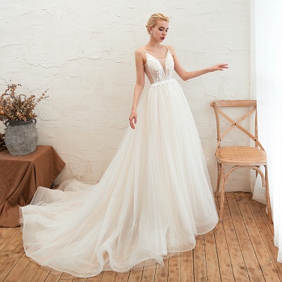 Stylish Spaghetti Straps Deep V-neck Tulle Wedding Dress_7